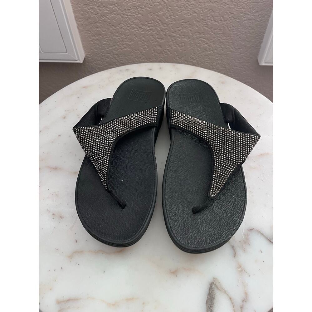 Fitflop Women’s Black Rhinestone Sandals 6 Platform Thong Metallic Lightweight - Picture 4 of 7